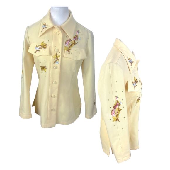 Vintage Tops - Vintage 70s Domani Western Yellow Rhinestone Peacock Flower Shirt Jacket Sz S/M